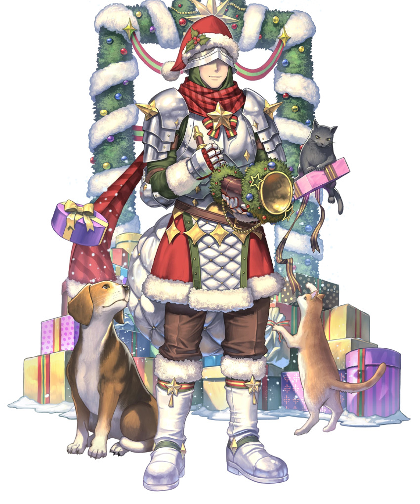 1boy, armor, boots, box, brown_pants, cat, christmas, christmas_ornaments
