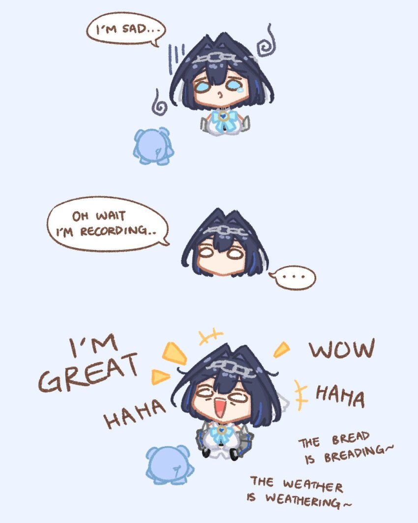 +++, 1girl, blue_eyes, blue_hair, bow, chain, commentary, english_commentary