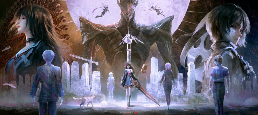 1boy, 3girls, absurdres, black_choker, black_hair, black_jacket, black_serafuku, black_shirt, black_skirt, breasts, chisa_(wuthering_waves), choker, commentary, dual_persona, english_commentary, false_sovereign_(wuthering_waves), female_rover_(wuthering_waves), hair_ribbon, highres, holding, holding_sword, holding_weapon, jacket, jvn, long_hair, long_sleeves, male_rover_(wuthering_waves), medium_breasts, multiple_girls, namipon_(wuthering_waves), neckerchief, people, red_neckerchief, red_ribbon, ribbon, rover_(wuthering_waves), sailor_collar, school_uniform, serafuku, shirt, skirt, sumika_(wuthering_waves), sword, tacet_discord_(wuthering_waves), weapon, white_sailor_collar, wide_shot, wuthering_waves