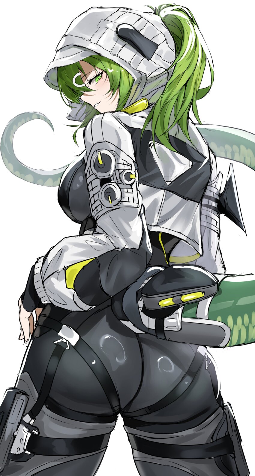 1girl, absurdres, arknights, arknights:_endfield, ass, black_bodysuit, black_gloves, bodysuit, breasts, commentary_request, cowboy_shot, fingerless_gloves, fluorite_(arknights), from_behind, gloves, green_eyes, green_hair, highres, hood, hood_up, hooded_shrug, jacket, long_hair, long_sleeves, looking_at_viewer, looking_back, medium_breasts, parted_lips, ponytail, pouch, putcho, shrug_(clothing), sideways_glance, simple_background, smile, snake_girl, snake_tail, solo, tail, thigh_pouch, white_background, white_shrug