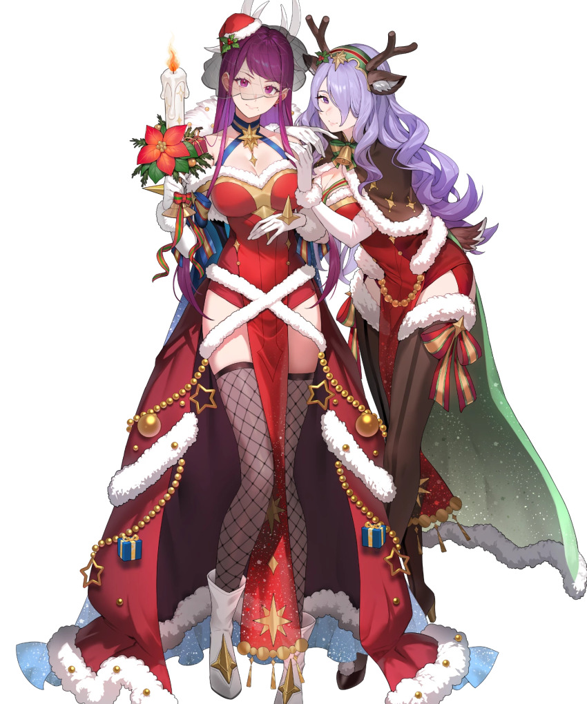 2girls, animal_ears, antlers, breasts, camilla_(fire_emblem), camilla_(flurry_embrace)_(fire_emblem), candle, candlestand