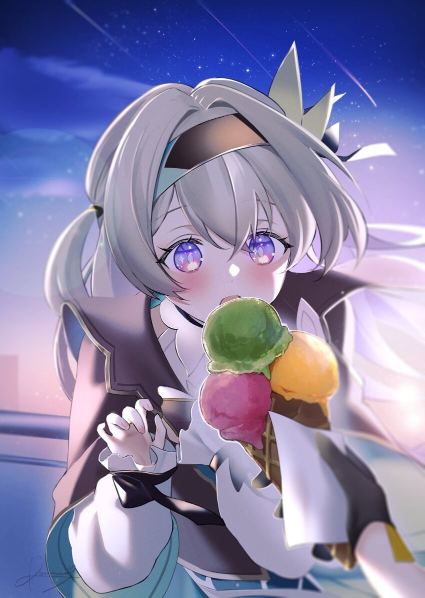 +_+, 2girls, balcony, black_hairband, black_ribbon, blue_pupils, blush, brown_jacket