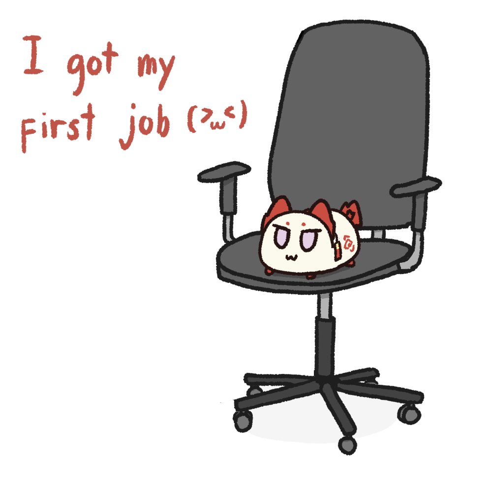 >3<, 1girl, :3, animalization, arknights, chair, commentary, dragon_bean_(arknights), earrings, english_commentary, english_text, jewelry, meme, nian_(arknights), no_humans, office_chair, purple_eyes, simple_background, swivel_chair, tail, tassel, tassel_earrings, working, zedchan