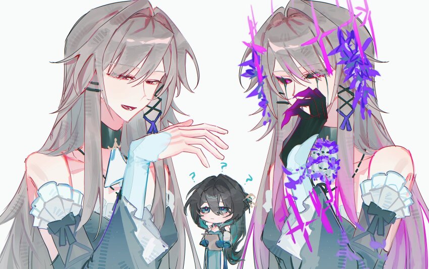 2girls, ?, ascot, bare_shoulders, black_hair, brown_hair, claws, crown