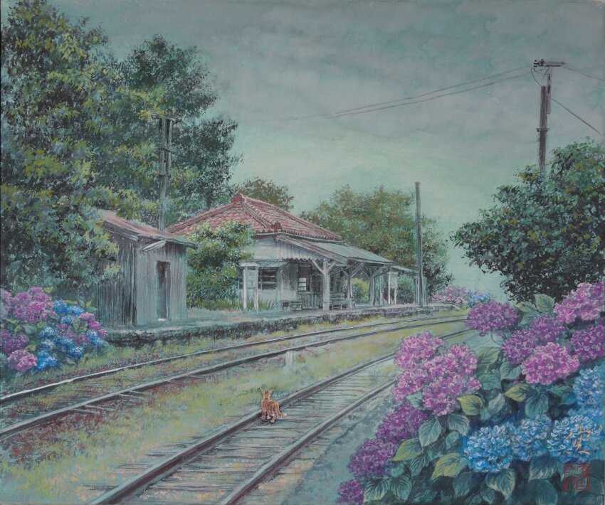 absurdres, blue_flower, cat, chiba_prefecture, flower, highres, hydrangea, kominato_railway