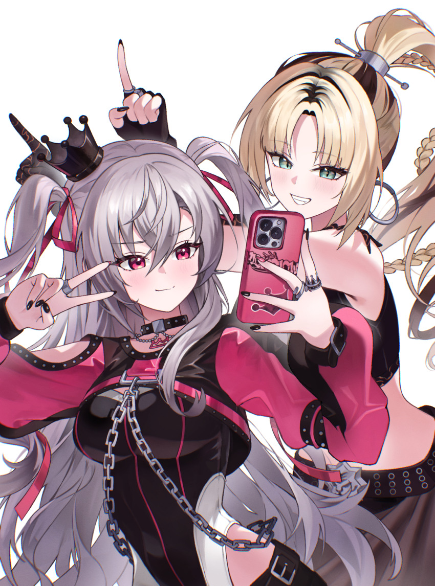 1girl, 2girls, :d, aqua_eyes, black_choker, black_crown, black_gloves, black_nails