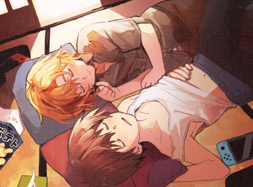 2boys, blue_pants, brown_hair, chips_(food), commentary_request, food, highres, higurashi_no_naku_koro_ni