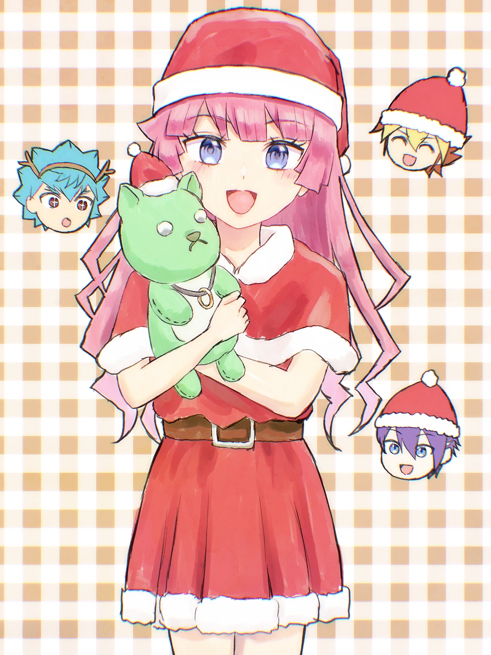 blue_eyes, blue_hair, chokopi_(tuna11), christmas, commentary, hat, highres, kamijou_tatsuhisa, kirishima_romin, looking_at_viewer, ohdo_yuga, pink_hair, purple_hair, santa_hat, sougetsu_gakuto, stuffed_animal, stuffed_toy, untranslatable_commentary, yu-gi-oh!, yu-gi-oh!_sevens