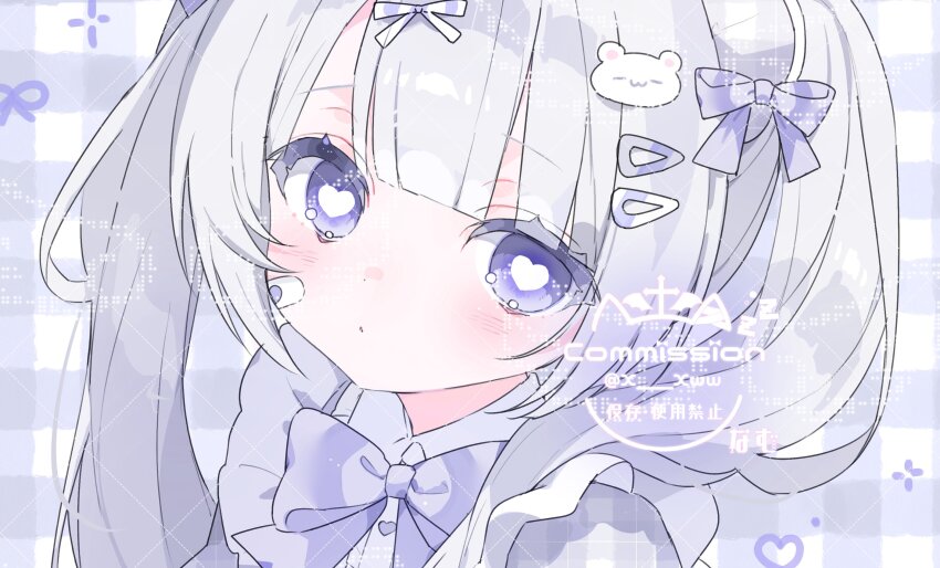 1girl, bandaid, bandaid_on_cheek, bandaid_on_face, bear_hair_ornament, blunt_bangs, blush, bow