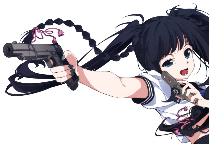 1girl, black_hair, black_sailor_collar, braid, cellphone, character_request, copyright_request, flip_phone