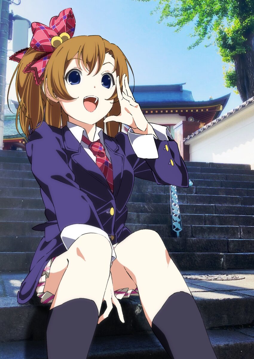 1girl, :d, akihabara_(tokyo), black_socks, blue_eyes, blue_jacket, bow, brown_hair