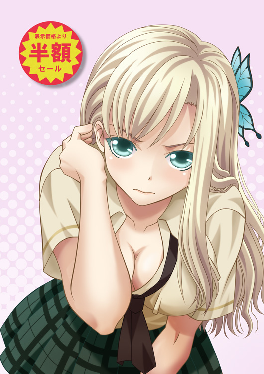 10s, 1girl, adjusting_hair, bent_over, blonde_hair, boku_wa_tomodachi_ga_sukunai, breasts, butterfly_hair_ornament, cleavage, female_focus, green_eyes, green_skirt, hair_ornament, kashiwazaki_sena, kulalix, large_breasts, miniskirt, necktie, open_clothes, open_shirt, plaid_clothes, plaid_skirt, pleated_skirt, school_uniform, shirt, skirt, solo