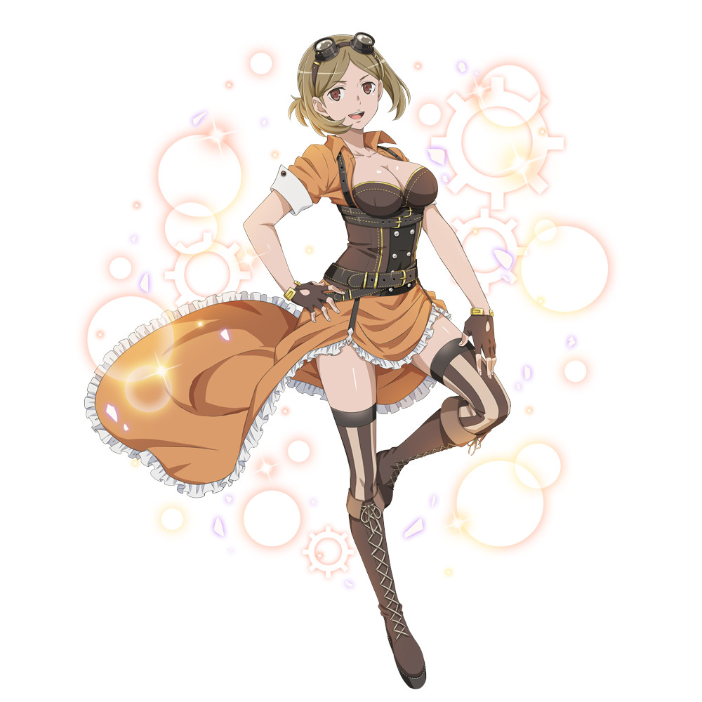 1girl, anime_coloring, belt, black_belt, bodice, boots, breasts, brown_bodice