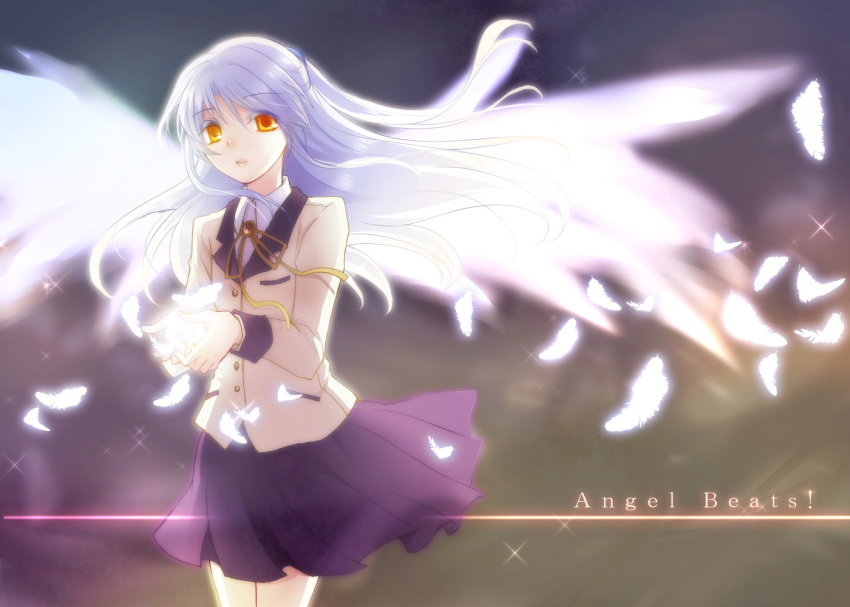 10s, 1girl, angel_beats!, black_skirt, colored_eyelashes, feathers, female_focus, gradient_background