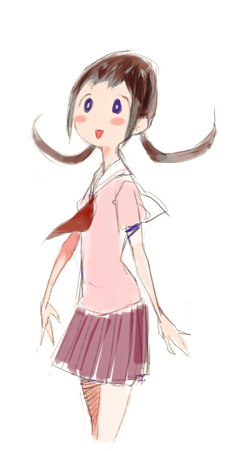 1girl, archived_source, blue_eyes, blush_stickers, bright_pupils, brown_hair, collared_shirt, cowboy_shot