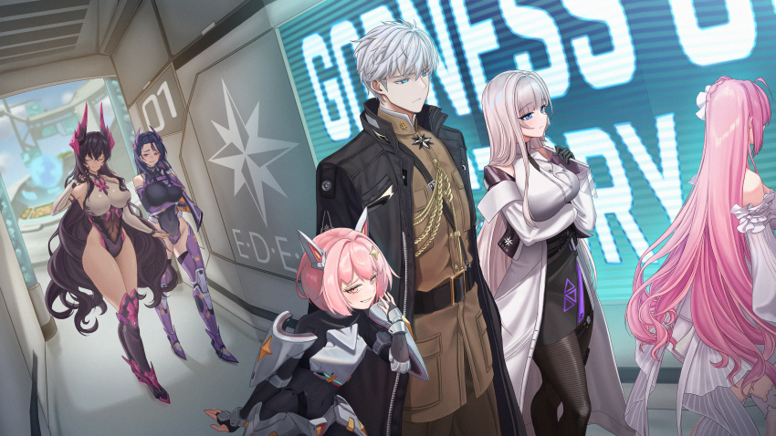 1boy, 5girls, absurdres, armor, black_coat, black_hair, black_leotard, black_skirt