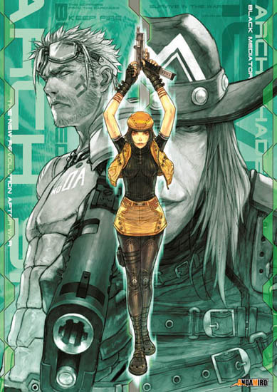 1girl, 2boys, archived_source, archshade, armor, arms_up, beard_stubble, belt