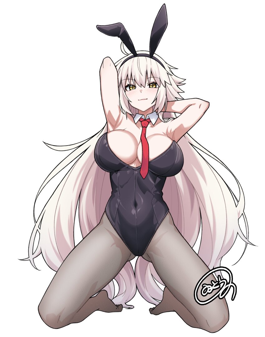 1girl, absurdres, animal_ears, arm_behind_head, armpits, artist_name, black_leotard, blush