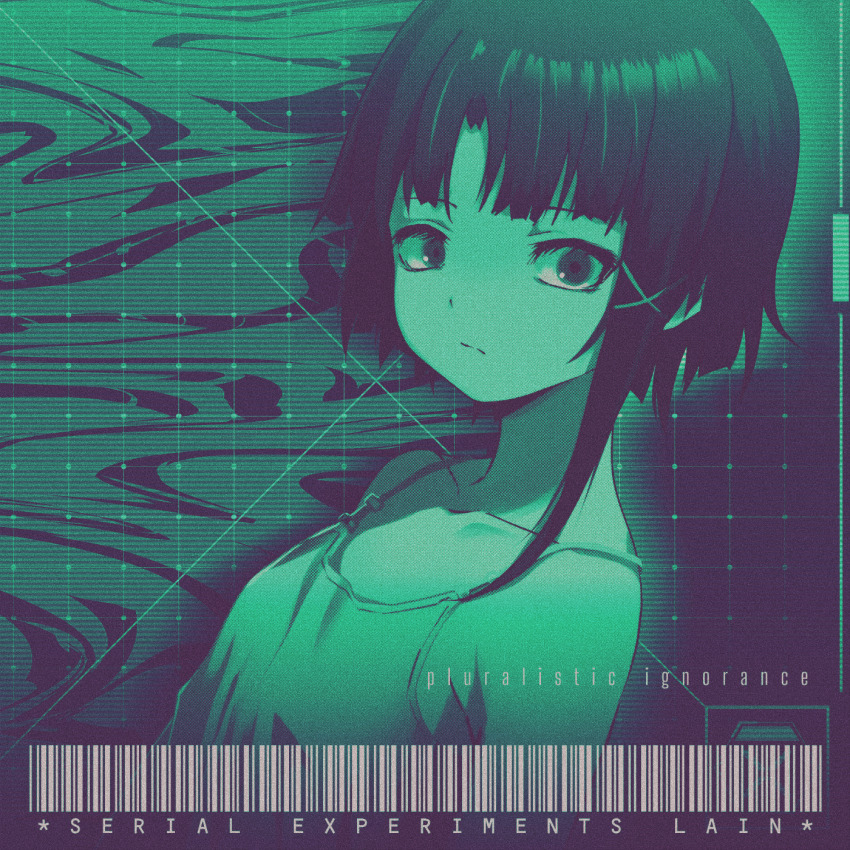 1girl, asymmetrical_hair, barcode, closed_mouth, commentary_request, copyright_name, english_text, green_theme