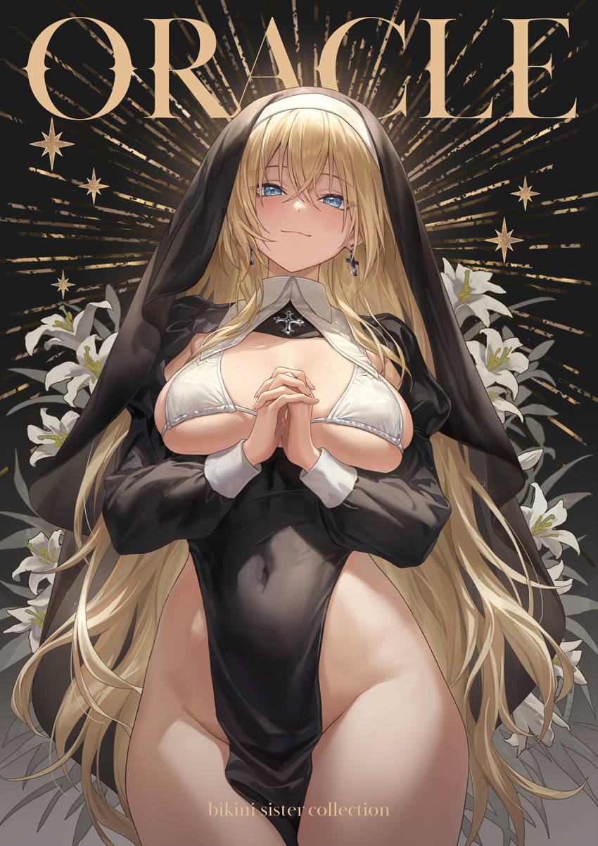 1girl, black_coif, black_dress, blonde_hair, blue_eyes, bra, breasts, closed_mouth