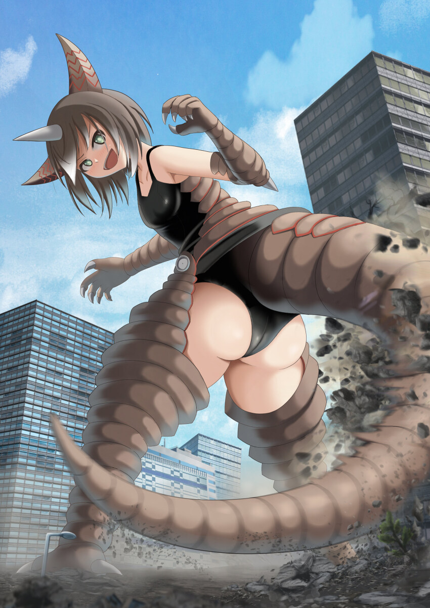 1girl, absurdres, ass, blue_sky, breasts, building, city, cloud, day, destruction, dewclaw, dinosaur, dust, elbow_spikes, giant, giant_monster, giantess, gomora, green_eyes, highres, horns, kaiju, kaiju_girls, kuroda_mikazuki, lamppost, monster_girl, no_pupils, one-piece_swimsuit, personification, road, short_hair, simple_background, sky, skyscraper, small_breasts, smile, street, studio_puyukai, swimsuit, tail, thick_thighs, thighs, tree, tsuburaya_productions, ultra_series, ultraman_(1st_series), wedgie, yamakazema