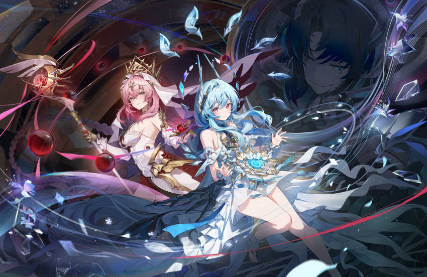 3girls, absurdres, bare_shoulders, black_gloves, blue_hair, breasts, commentary_request, dress