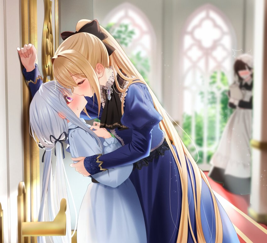 3girls, apron, bagel_sandica, black_bow, blonde_hair, blue_dress, blurry, blurry_background