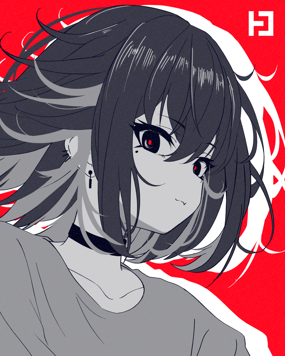 1girl, :3, blaxervant, choker, commentary, fang, greyscale_with_colored_background, highres