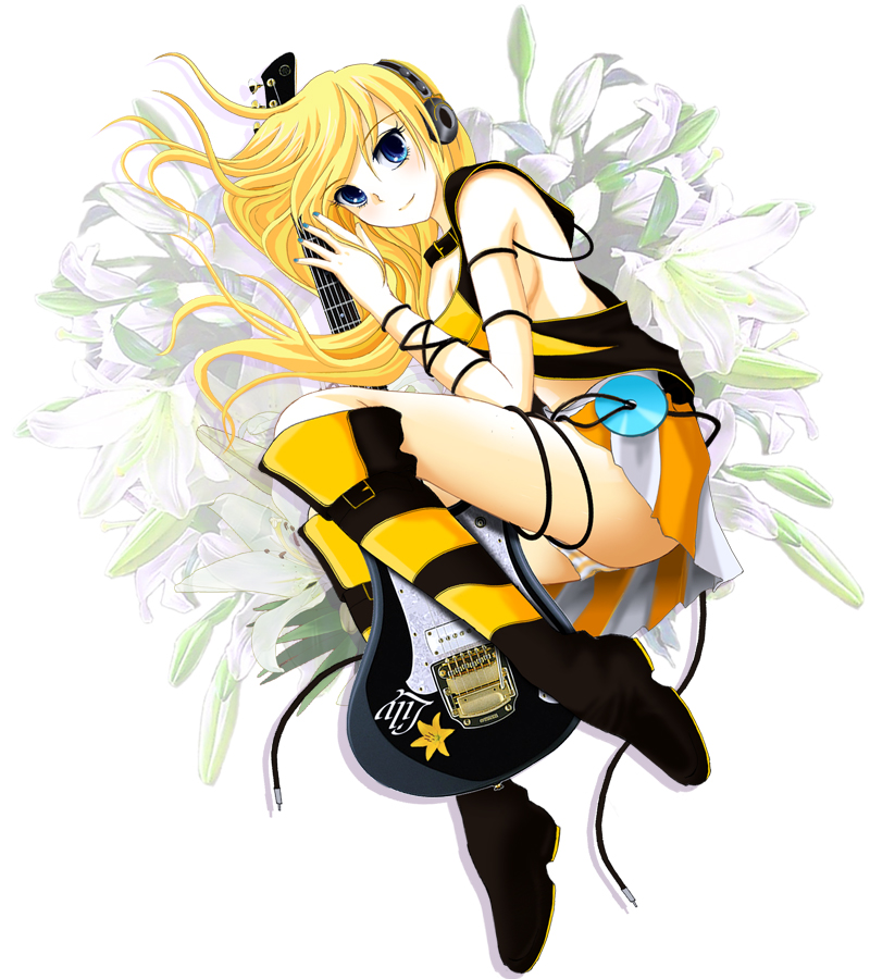 1girl, blonde_hair, blue_eyes, boots, breasts, cable, cd, collar, female_focus, flapper_shirt, full_body, guitar, headphones, instrument, kazzha, lily_(vocaloid), long_hair, miniskirt, nail_polish, panties, plant, shirt, skirt, small_breasts, smile, solo, striped_clothes, striped_panties, striped_skirt, thigh_boots, thighhighs, underwear, vertical-striped_clothes, vertical-striped_skirt, vocaloid, white_background, yellow_skirt