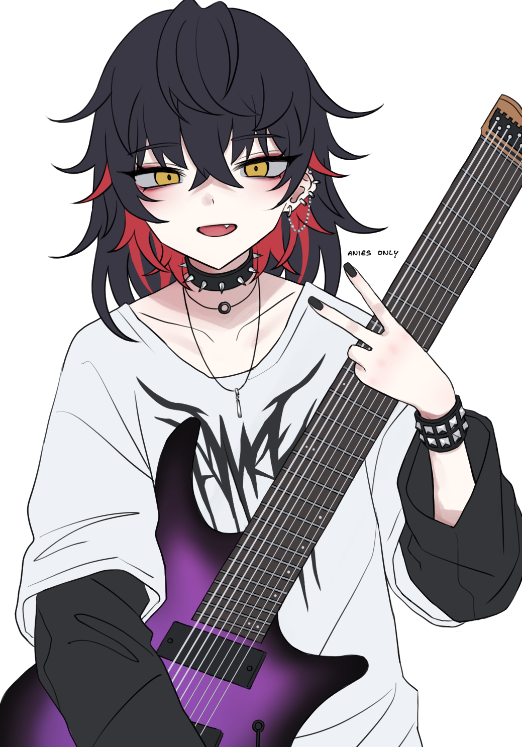 1girl, androgynous, anies_only, black_hair, black_nails, blaxervant, choker, collar, commentary, guitar, highres, hitnex, holding, holding_guitar, holding_instrument, instrument, j-core, looking_at_viewer, multicolored_hair, print_shirt, punk, red_hair, shirt, short_hair, simple_background, smile, solo, spiked_collar, spikes, streaked_hair, studded_wristband, two-tone_hair, upper_body, v, white_shirt, wristband, yellow_eyes