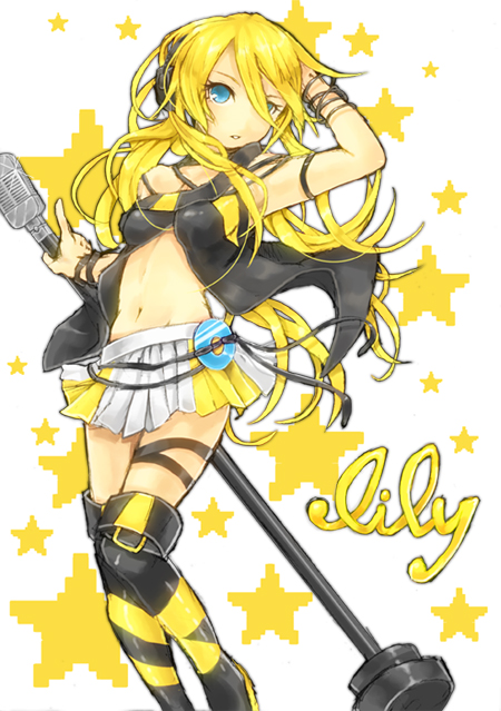 1girl, blonde_hair, blue_eyes, boots, cable, cd, female_focus, flapper_shirt, headphones, kusabe_ichii, lily_(vocaloid), long_hair, microphone, microphone_stand, microskirt, midriff, miniskirt, navel, pleated_skirt, shirt, skirt, solo, star_(symbol), thigh_boots, thighhighs, vocaloid, yellow_skirt