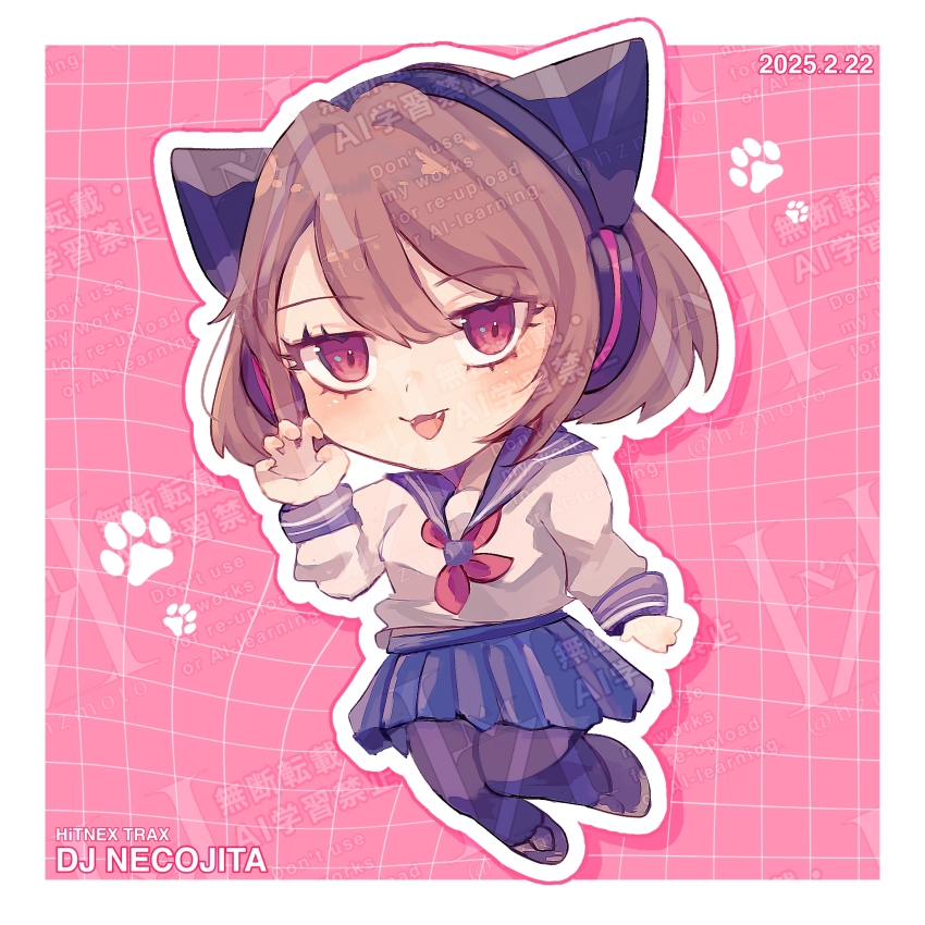 1girl, alternate_hair_color, animal_ear_headphones, animal_ears, bob_cut, border, brown_hair, cat_ear_headphones, cat_ears, character_name, chibi, chibi_only, commentary_request, copyright_name, dj_necojita, english_text, fake_animal_ears, fangs, grid_background, hazume, headphones, highres, hitnex, j-core, jitome, long_sleeves, looking_at_viewer, open_mouth, outline, pantyhose, pink_background, pleated_skirt, sailor_collar, school_uniform, serafuku, shoes, short_hair, simple_background, skirt, solo, too_many_watermarks, watermark, white_border, white_outline