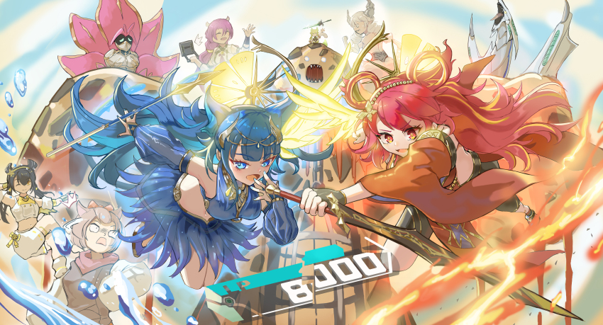 6+girls, absurdres, ash_blossom_&amp;_joyous_spring, baronne_de_fleur, black_gloves, blue_eyes, blue_hair, blush