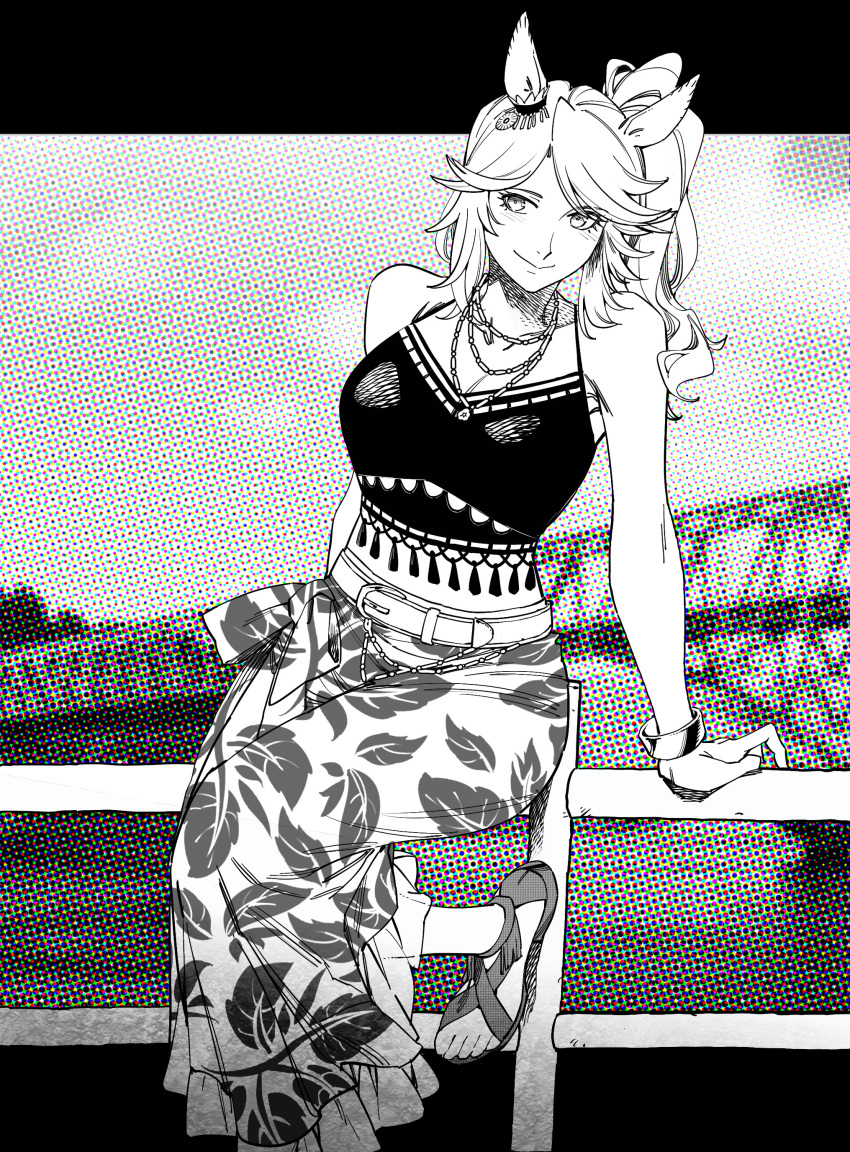 1girl, absurdres, animal_ears, gold_city_(boho_flare)_(umamusume), gold_city_(umamusume), greyscale, highres, horse_ears, horse_girl, jewelry, leaf_print, monochrome, necklace, ponytail, print_skirt, ruukii_drift, sandals, shirt, skirt, sleeveless, sleeveless_shirt, smile, solo, standing, standing_on_one_leg, umamusume