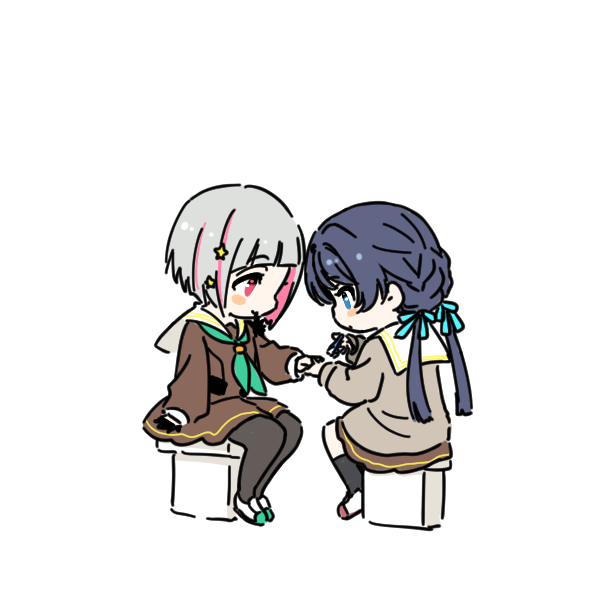 2girls, applying_another's_manicure, applying_manicure, black_pantyhose, blue_eyes, blue_hair, blue_ribbon, blush_stickers