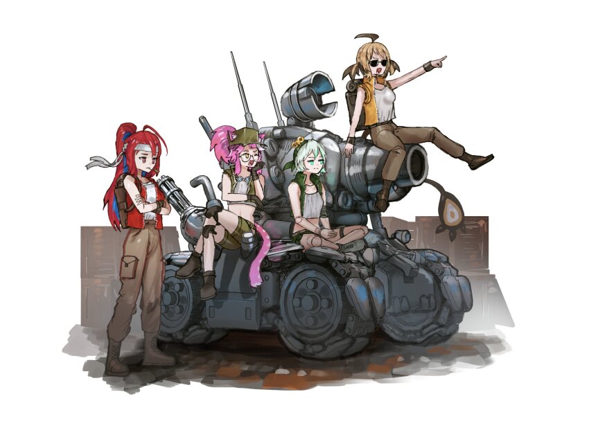 4girls, advarcher, ahoge, animal_ears, bandana, blonde_hair, blue_hair, boots, brown_hair, brown_pants, cecilia_immergreen, colored_inner_hair, commentary, cosplay, crossed_legs, doll_joints, elizabeth_rose_bloodflame, english_commentary, fio_germi, fio_germi_(cosplay), full_body, gigi_murin, glasses, green_eyes, green_vest, head_rest, headband, highres, hololive, hololive_english, indian_style, joints, kasamoto_eri, kasamoto_eri_(cosplay), knee_pads, long_hair, marco_rossi, marco_rossi_(cosplay), metal_slug, military_vehicle, motor_vehicle, multicolored_hair, multiple_girls, one_eye_closed, panther_ears, panther_girl, panther_tail, pants, pink_hair, pointing, pointing_forward, ponytail, raora_panthera, red_eyes, red_hair, red_vest, shirt, short_twintails, simple_background, sitting, standing, sunglasses, sv001_(metal_slug), tail, tank, tank_top, tarma_roving, tarma_roving_(cosplay), twintails, two-tone_hair, vest, virtual_youtuber, white_background, white_hair, white_shirt, white_tank_top, yellow_eyes, yellow_vest