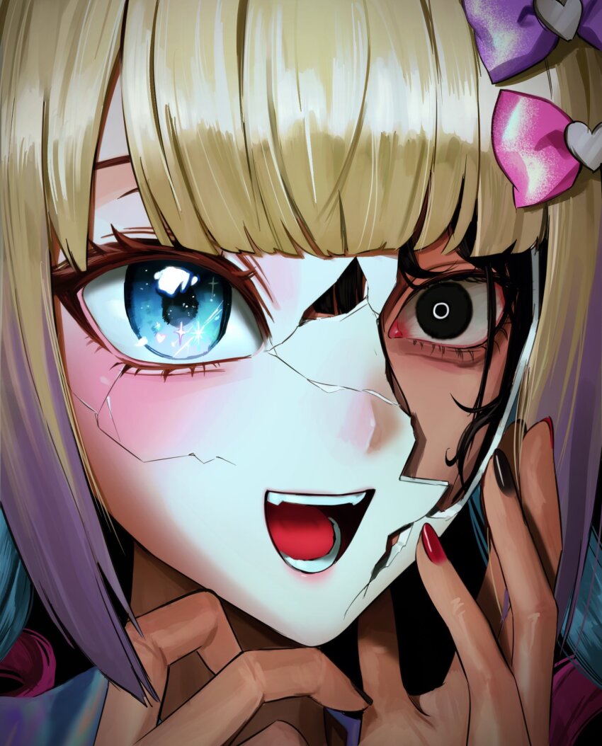 2girls, :d, aegyo_sal, ame-chan_(needy_girl_overdose), black_eyes, black_hair, blonde_hair, bloodshot_eyes, blue_eyes, blunt_bangs, blush, bow, chouzetsusaikawa_tenshi-chan, close-up, colored_tips, cracked_kawaii_mask, cracked_mask, dual_persona, haem_yang, hair_bow, hand_on_own_face, hands_up, hashtag-only_commentary, heterochromia, highres, multicolored_hair, multiple_girls, multiple_hair_bows, needy_girl_overdose, open_mouth, portrait, smile