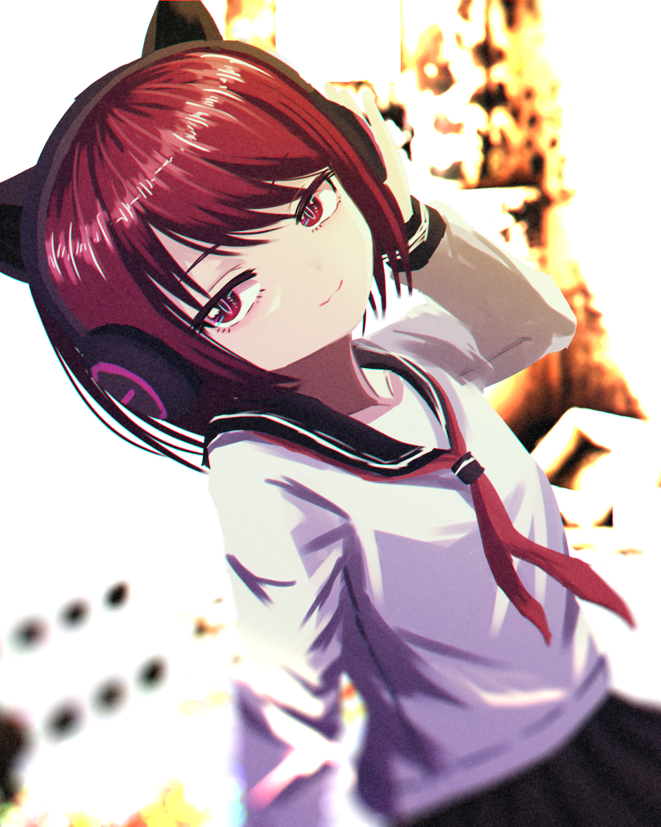 1girl, :3, animal_ears, blurry, blurry_background, bob_cut, cat_ears, commentary, dj_necojita, flat_chest, headphones, highres, hitnex, j-core, jitome, kobaryo, long_sleeves, looking_at_viewer, official_art, pleated_skirt, red_eyes, red_hair, sailor_collar, school_uniform, serafuku, shirt, short_hair, skirt, slit_pupils, smile, smug, solo, upper_body