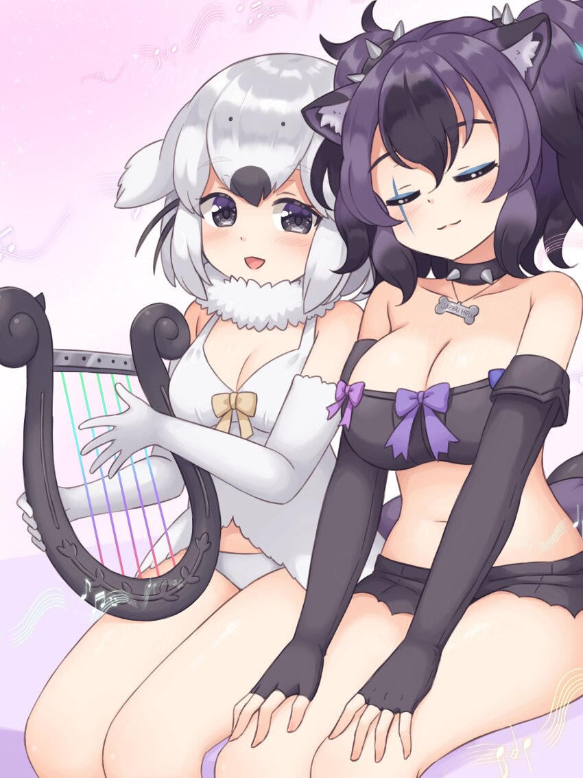 2girls, :3, absurdres, animal_ears, babydoll, bare_legs, bare_shoulders, bikini