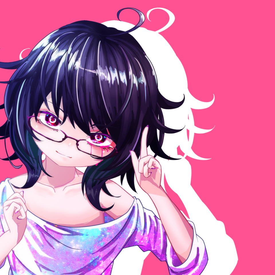 1girl, ahoge, blood, bloody_tears, bright_pupils, commentary_request, drop_shadow, flat_chest, glasses, hitnex, j-core, kobaryo, kobaryo_(character), looking_at_viewer, messy_hair, off-shoulder_shirt, off_shoulder, official_art, oversized_clothes, oversized_shirt, pink_background, pink_blood, red_eyes, ringed_eyes, shirt, short_hair, simple_background, smile, solo, upper_body, white_pupils