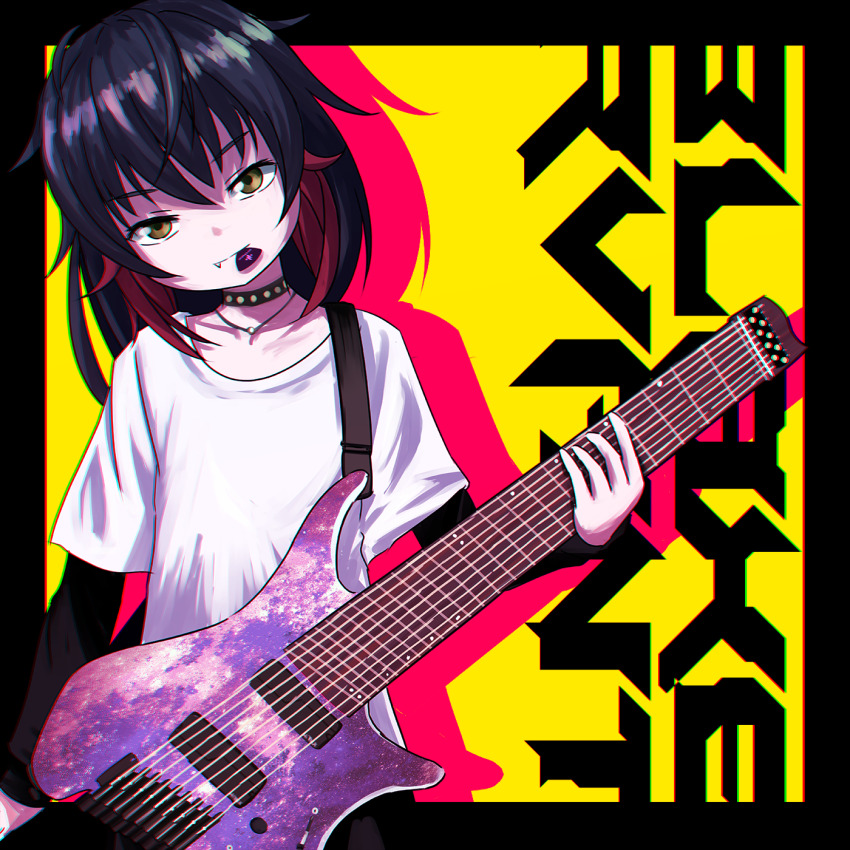 1girl, androgynous, black_border, black_hair, blaxervant, border, character_name, commentary, cowboy_shot, flat_chest, guitar, highres, hitnex, holding, holding_guitar, holding_instrument, instrument, j-core, kobaryo, looking_at_viewer, multicolored_hair, official_art, punk, red_hair, shirt, short_hair, simple_background, solo, streaked_hair, white_shirt, yellow_background, yellow_eyes