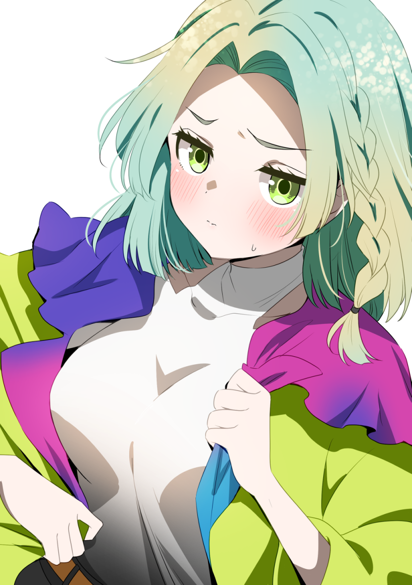 1girl, adjusting_clothes, aqua_hair, blonde_hair, blush, braid, braided_sidelock, breasts