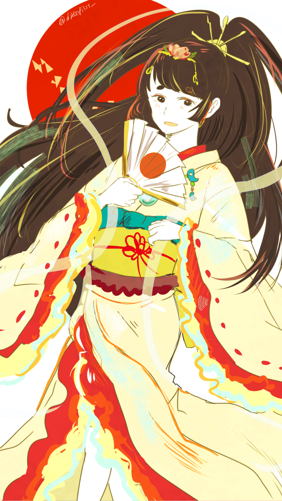 1girl, amaterasu_(mythology), brown_eyes, brown_hair, commentary_request, hagoromo, hair_ornament, highres