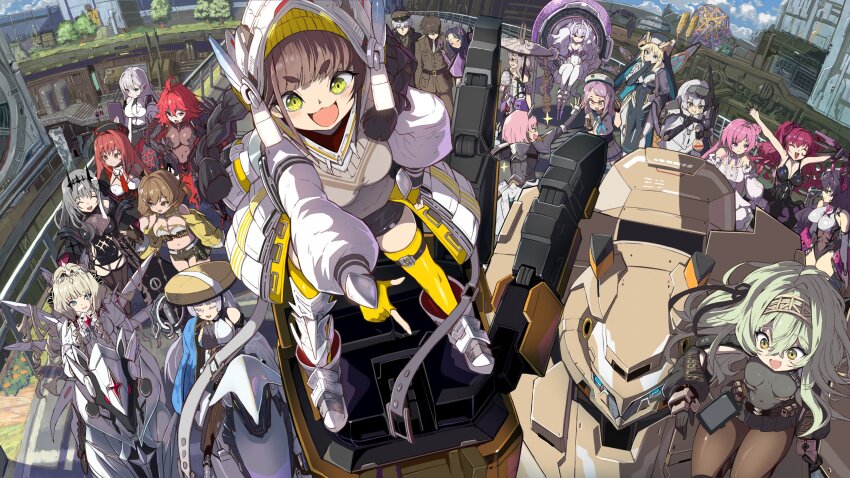 2boys, 6+girls, ahoge, anis_(nikke), arm_armor, armor, armored_bodysuit, armored_leotard