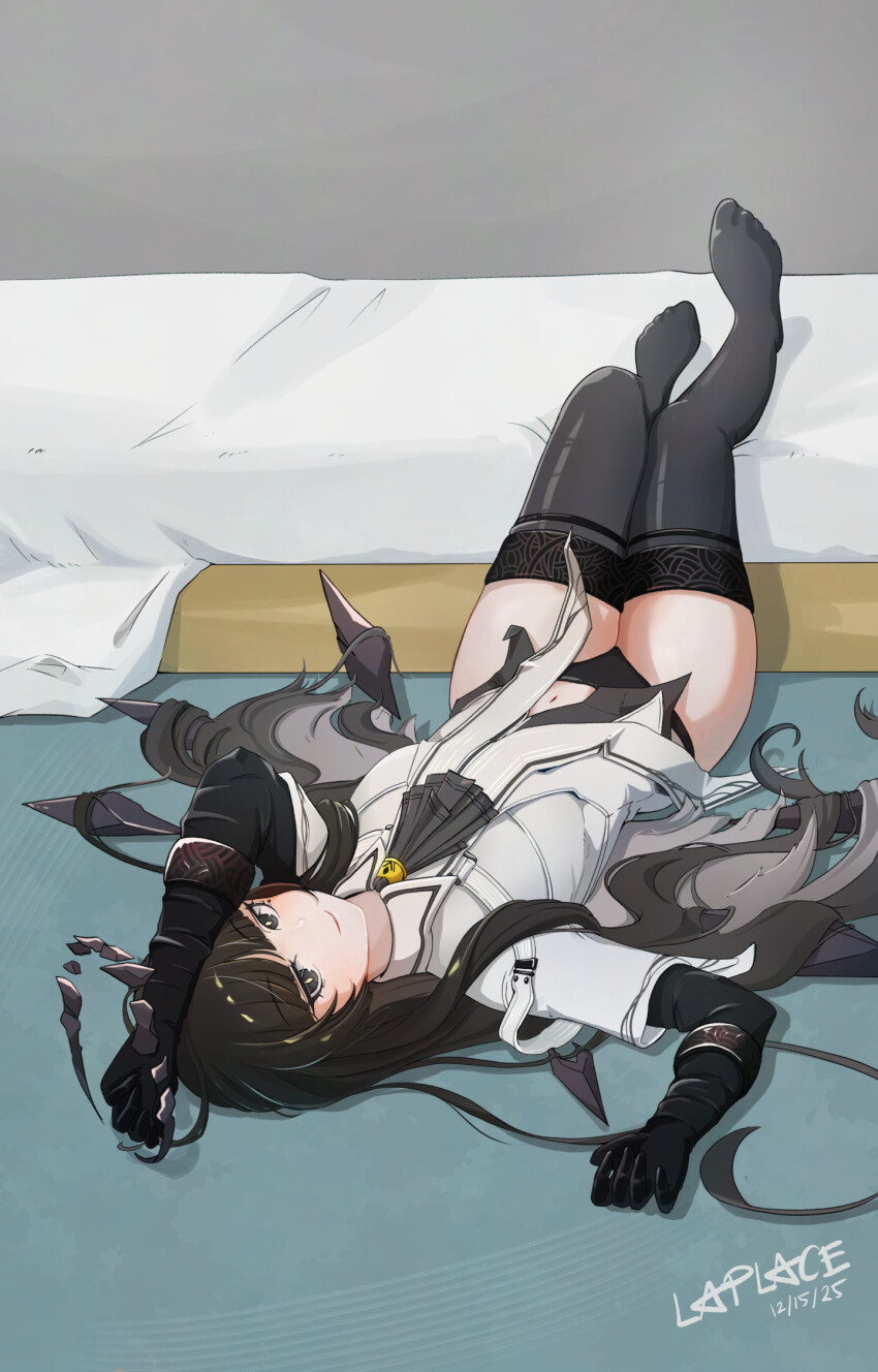 1girl, arknights, artist_name, ascot, black_ascot, black_eyes, black_hair, black_halo, black_panties, black_thighhighs, black_wings, commentary, dated, english_commentary, halo, highres, hime_cut, insect_wings, jacket, laplace_arts, long_hair, looking_at_viewer, looking_up, lying, navel, on_back, on_floor, panties, smile, solo, thighhighs, underwear, virtuosa_(arknights), white_jacket, wings