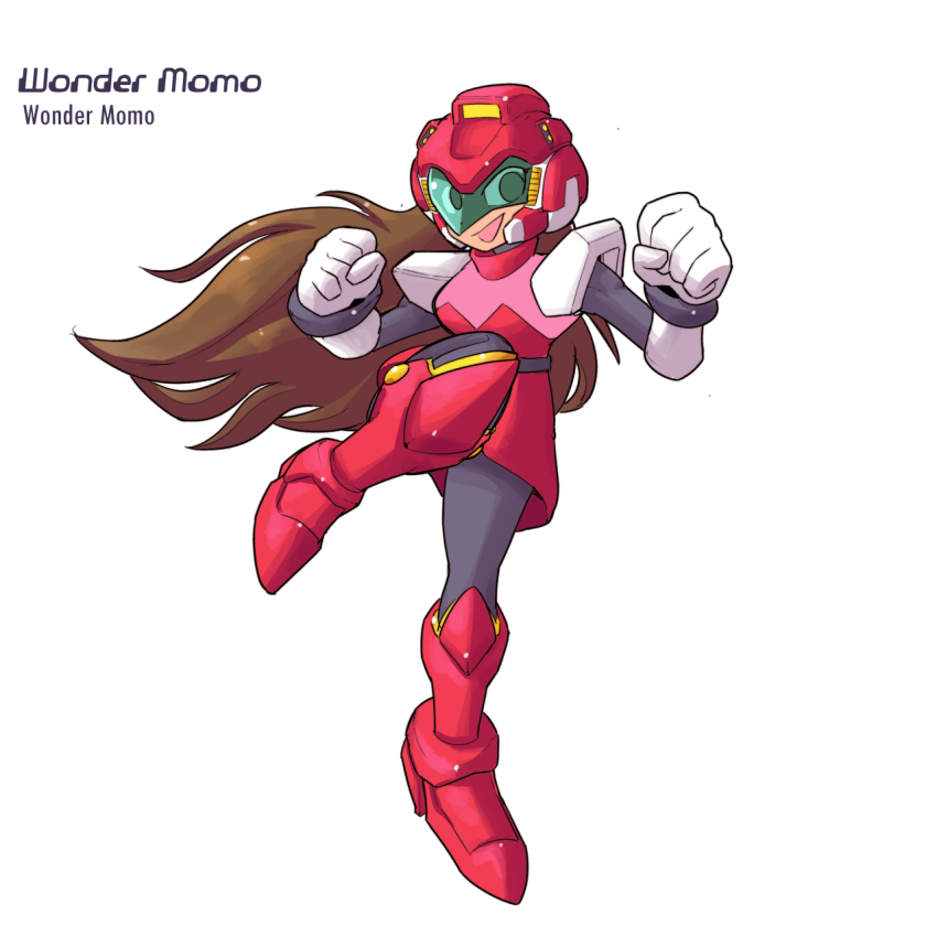 android, boots, brown_hair, character_name, clenched_hands, commentary, copyright_name, dress