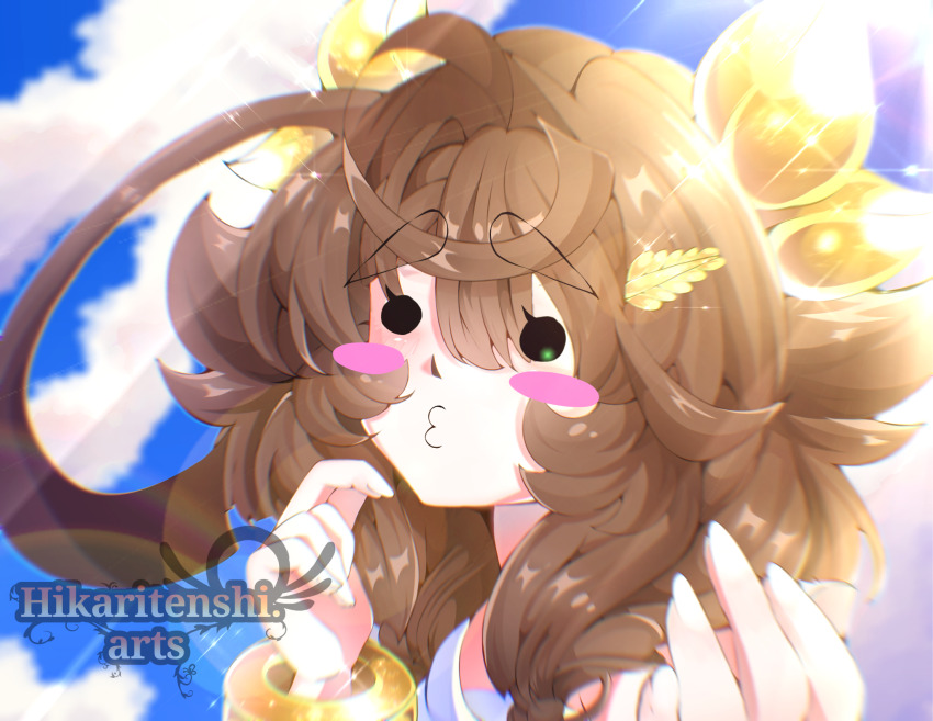 1girl, :d, ahoge, artist_name, black_eyes, blush_stickers, brown_hair, commentary