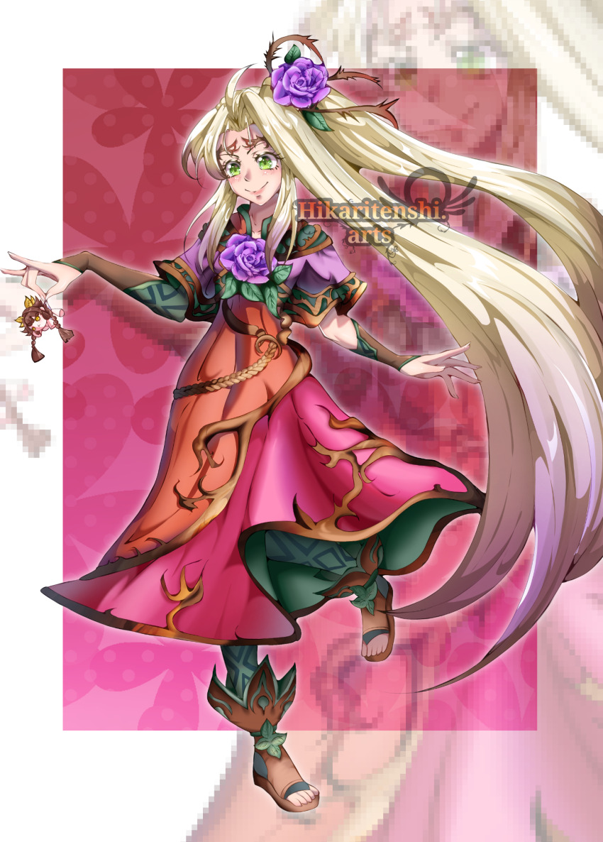 1girl, artist_name, blonde_hair, brown_hair, character_doll, commentary, doll, dress