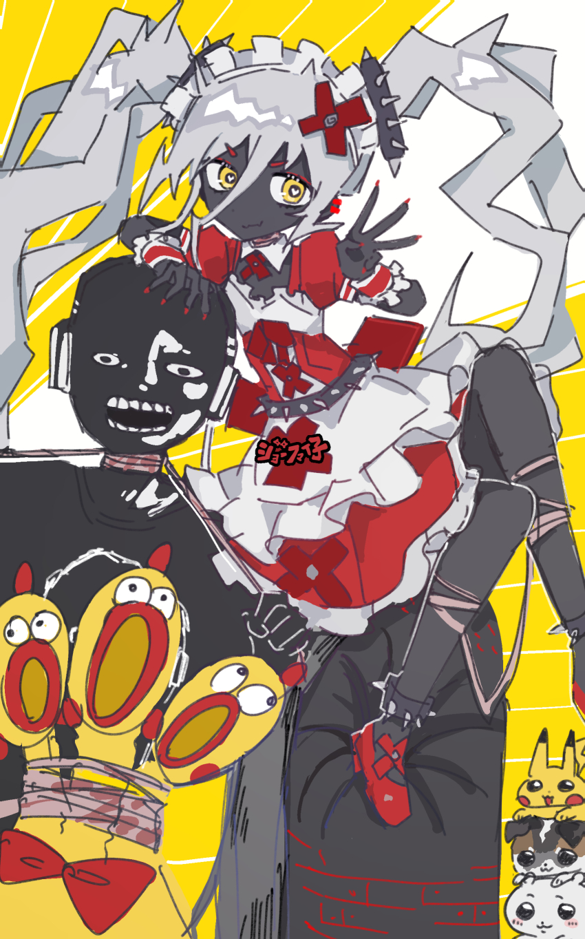 1boy, 1girl, absurdres, apron, asphyxiation, black_skin, cameo, chiikawa