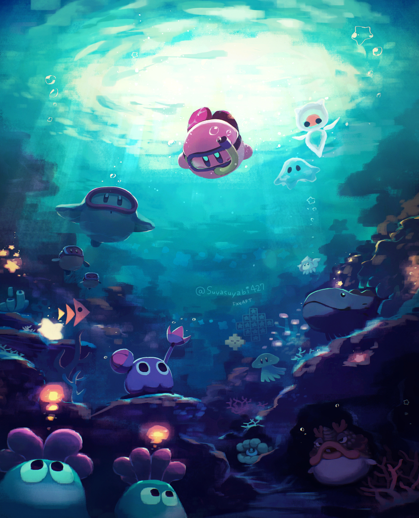 absurdres, barbar_(kirby), blipper, bubble, closed_mouth, commentary_request, coral, coral_reef, craby_(kirby), fatty_puffer, glunk_(kirby), goggles, highres, kirby, kirby_(series), light_rays, looking_at_another, mamanti, master_green_(kirby), nintendo, no_humans, revision, scenery, star_(symbol), sunbeam, sunlight, suyasuyabi, swimming, underwater